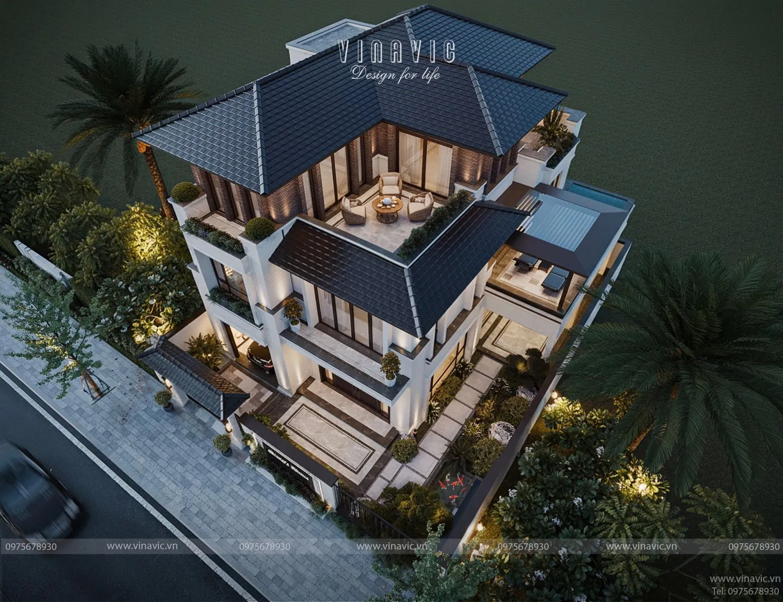 Toàn phối cảnh 3D từ trên cao kiểu nhà 2 tầng 1 tum chữ L