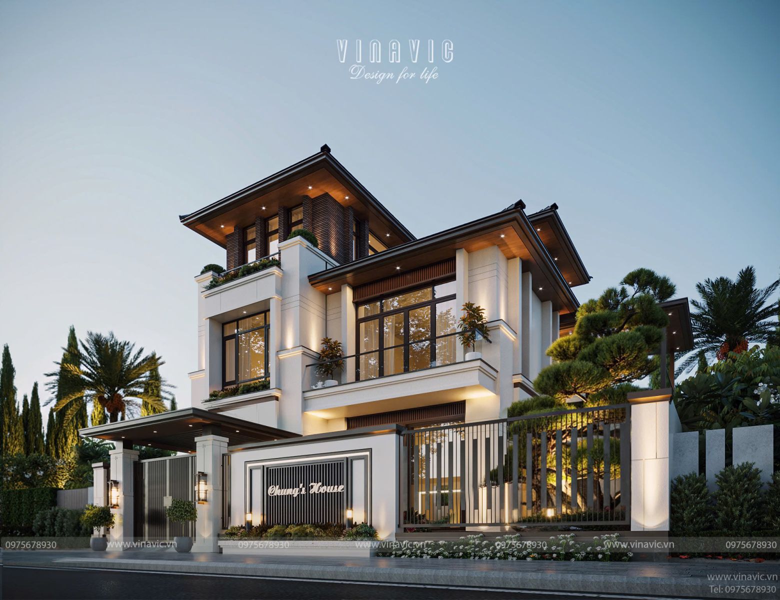 Phối cảnh thiết kế nhà biệt thự 3 tầng hiện đại 140m2 5 phòng ngủ BT2434