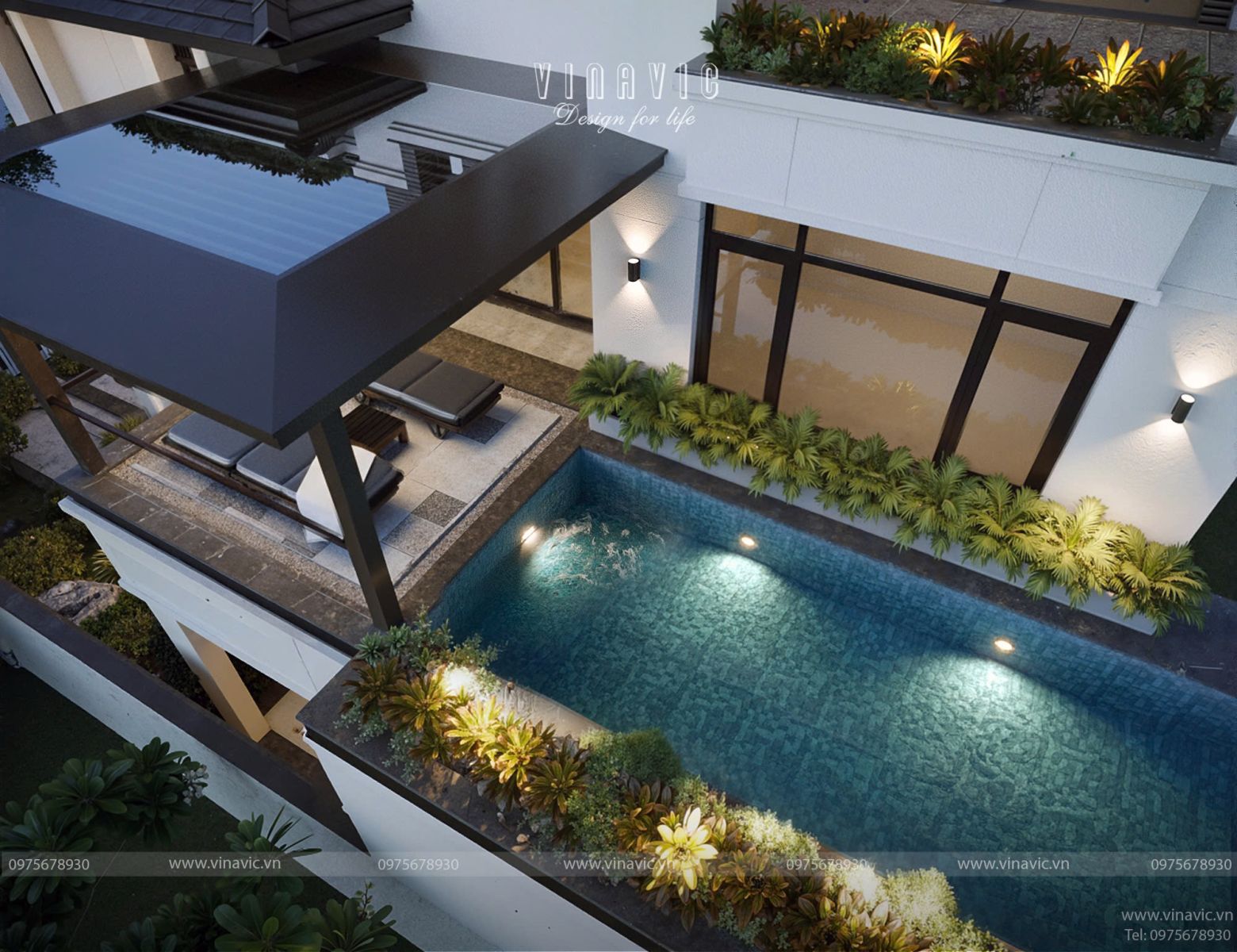 Phối cảnh góc bể bơi biệt thự hiện đại BT2434