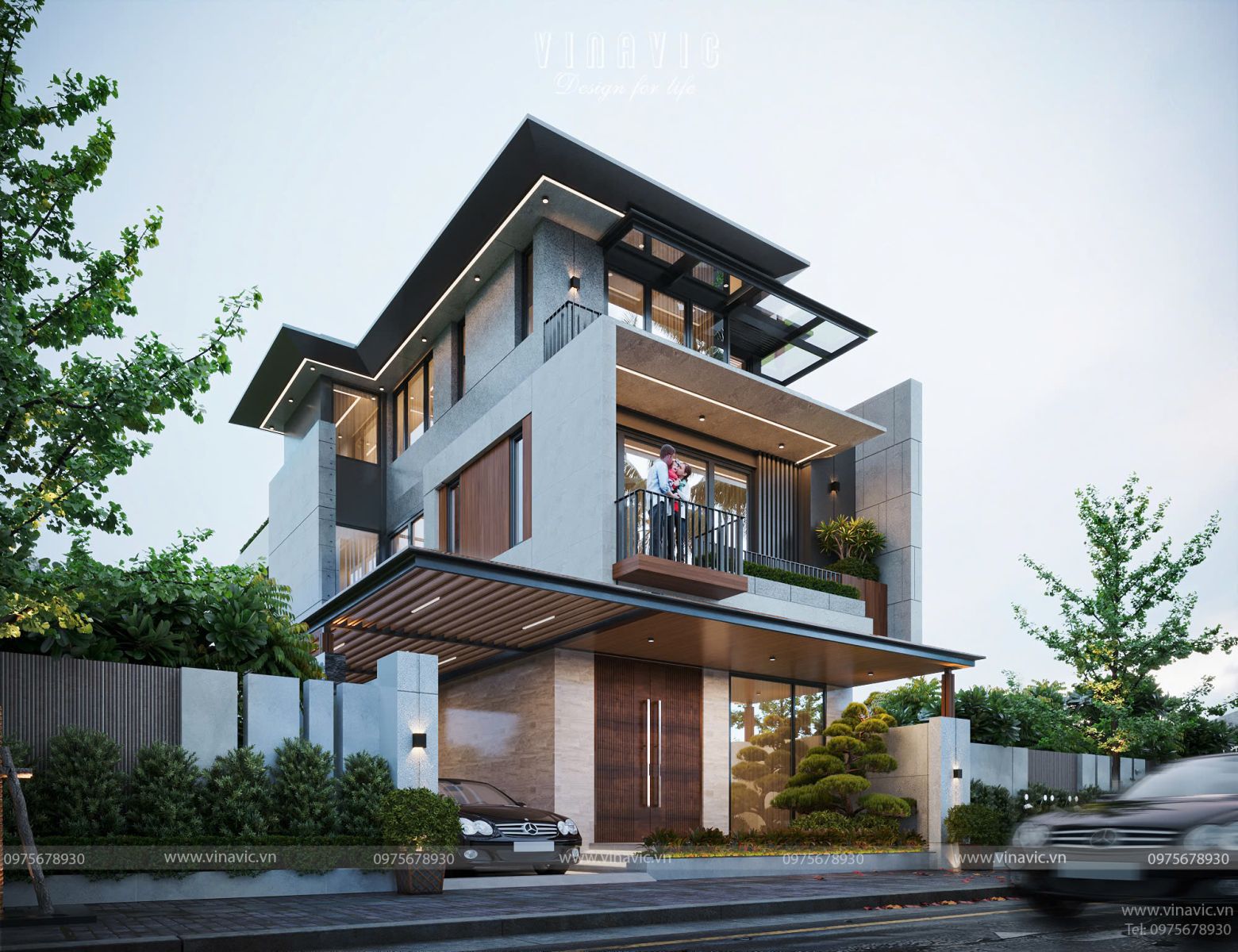 Phối cảnh góc nghiêng Biệt thự hiện đại 3 tầng mái nhật 150m2 6 phòng ngủ 10x15m BT2435