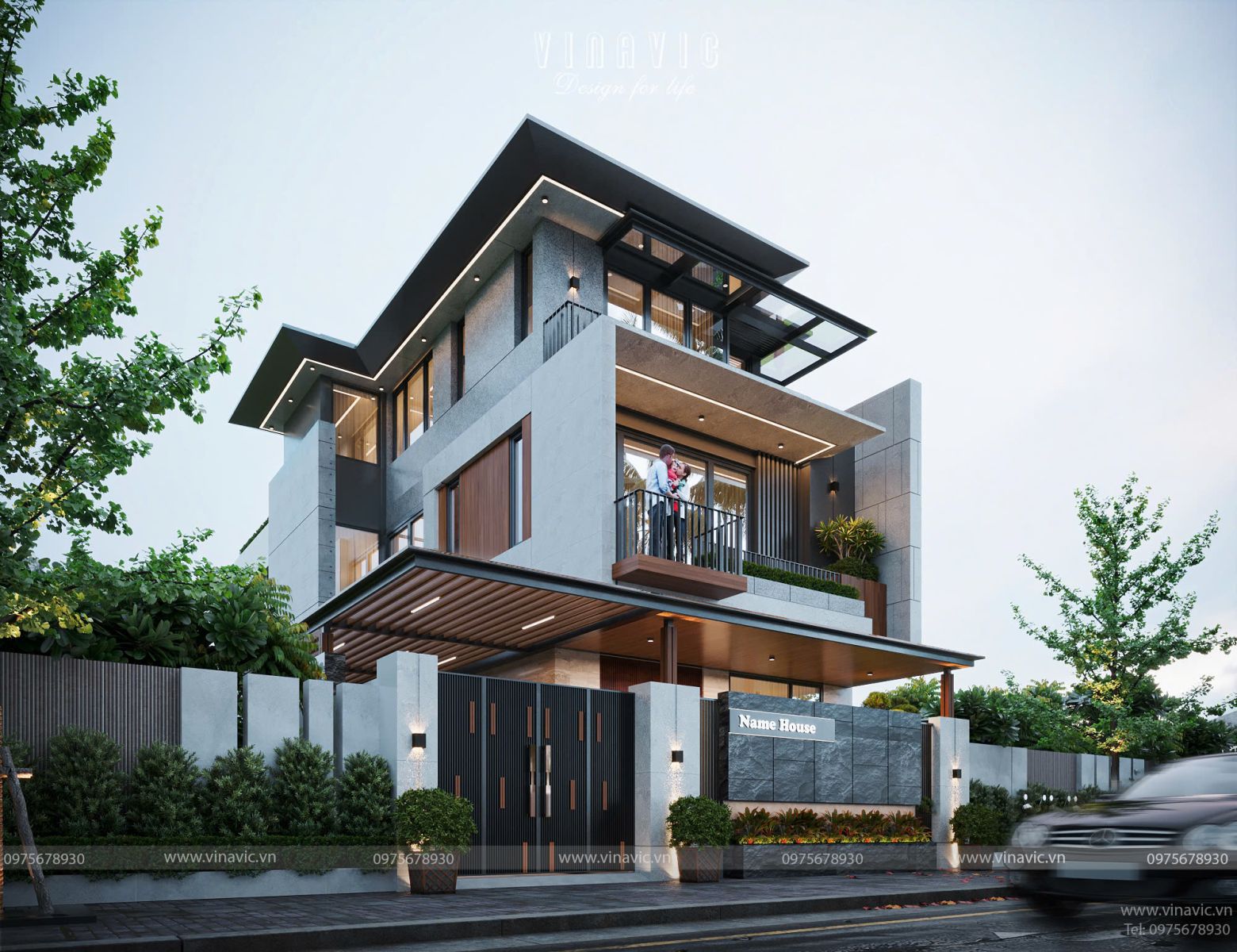 “Biệt thự hiện đại 3 tầng mái Nhật BT2435 nhìn từ mặt tiền có cổng