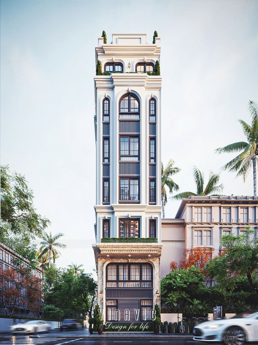 Thiết kế nhà phố 2 mặt tiền Tân Cổ Điển 6 tầng 6x9m NP2358