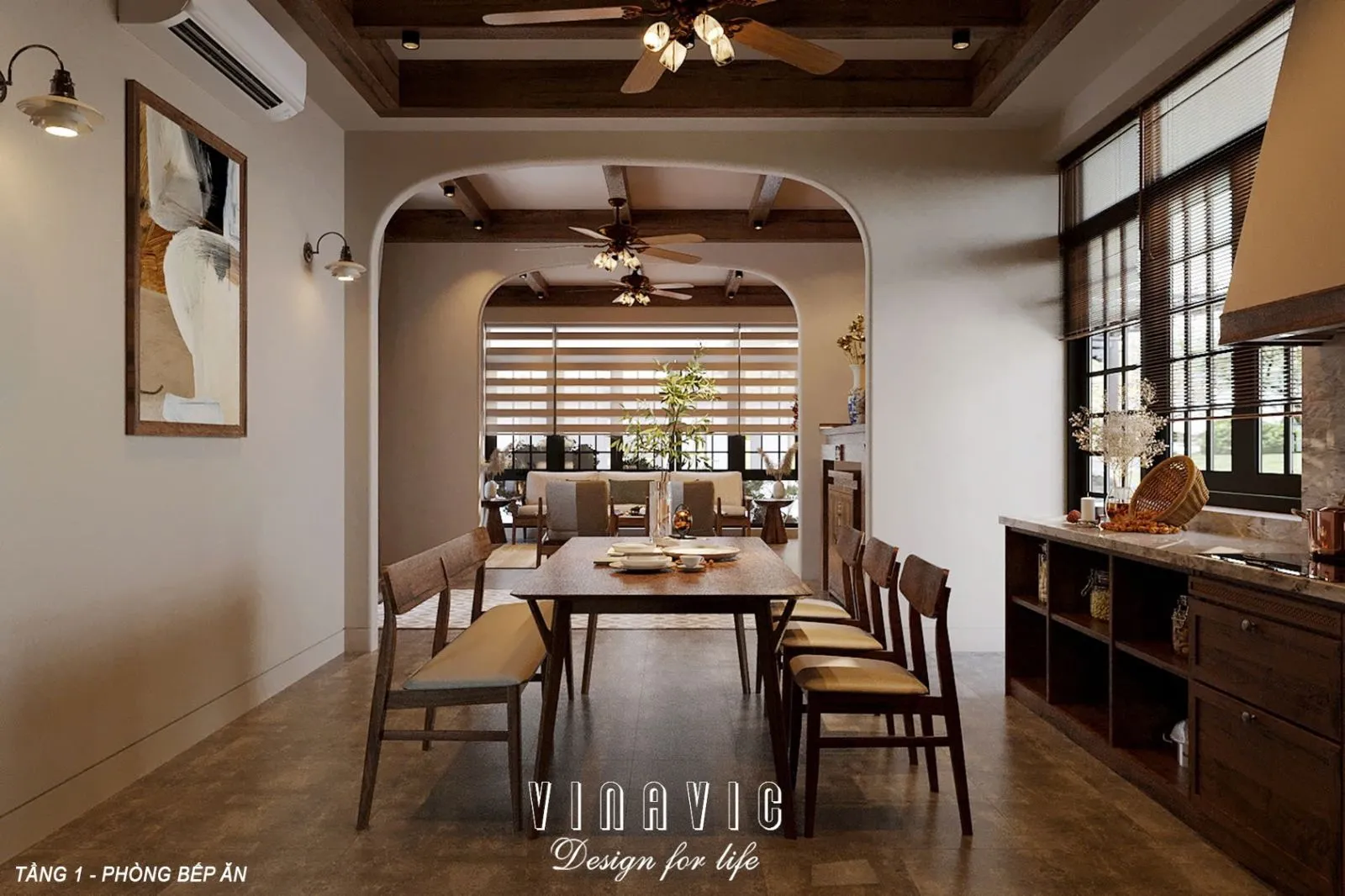 Bếp nên bố trí phía sau hoặc cạnh phòng khách nhưng tránh nhìn thẳng cửa chính