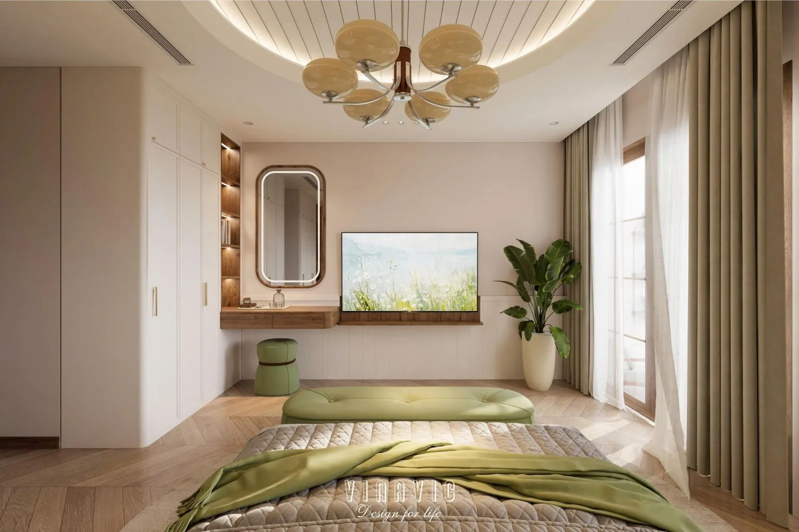 Phòng ngủ biệt thự với mẫu rèm vải 2 lớp mềm mại