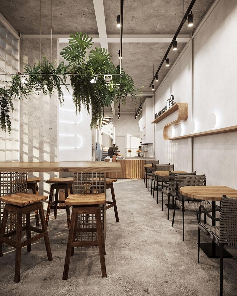 Thiết kế quán cafe nhà ống sử dụng ánh sáng làm điểm nhấn