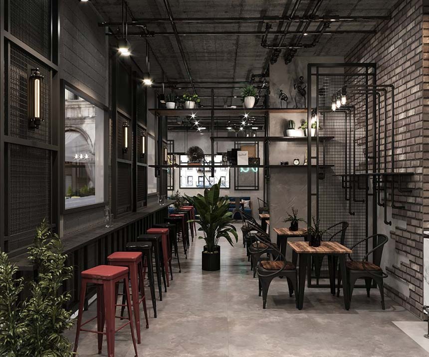 Thiết kế quán cafe nhà ống phong cách industrial cá tính