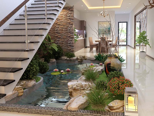 Lưu ý khi thiết kế hồ cá koi mini trong nhà về ánh sáng và tiểu cảnh