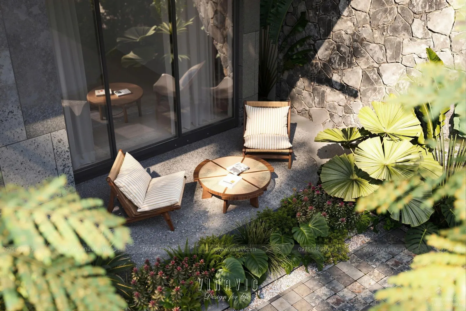 Góc thư giãn trên ban công biệt thự 2 tầng BT2437, với bộ bàn ghế gỗ mộc mạc, tường ốp đá tự nhiên và sàn lót đá xám