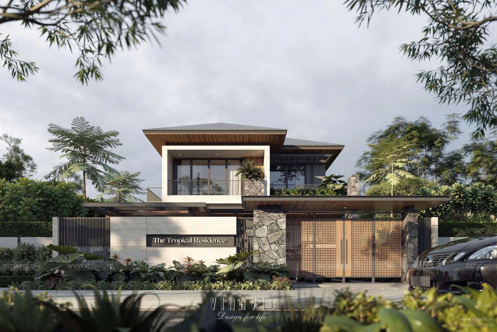 Phối cảnh mặt tiền biệt thự 2 tầng mái nhật hiện đại BT2437, nổi bật với kiến trúc vuông vức, ban công kính và vật liệu ốp đá, gỗ