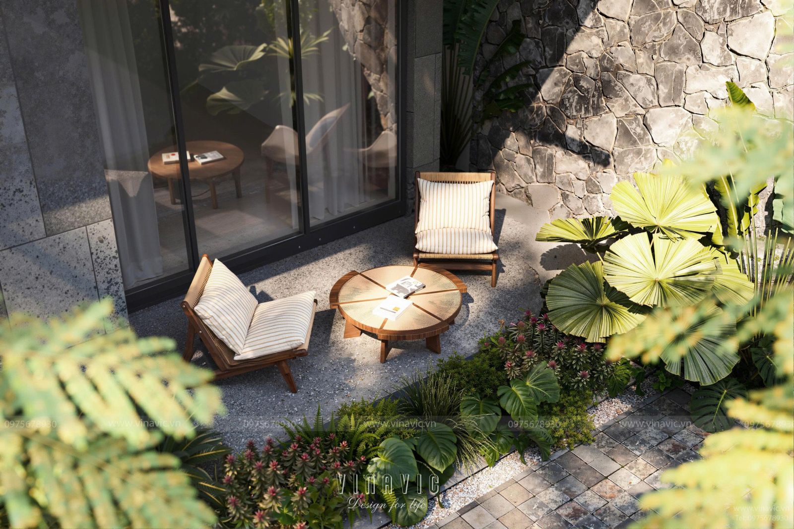 Góc thư giãn trên ban công biệt thự 2 tầng BT2437, với bộ bàn ghế gỗ mộc mạc, tường ốp đá tự nhiên và sàn lót đá xám