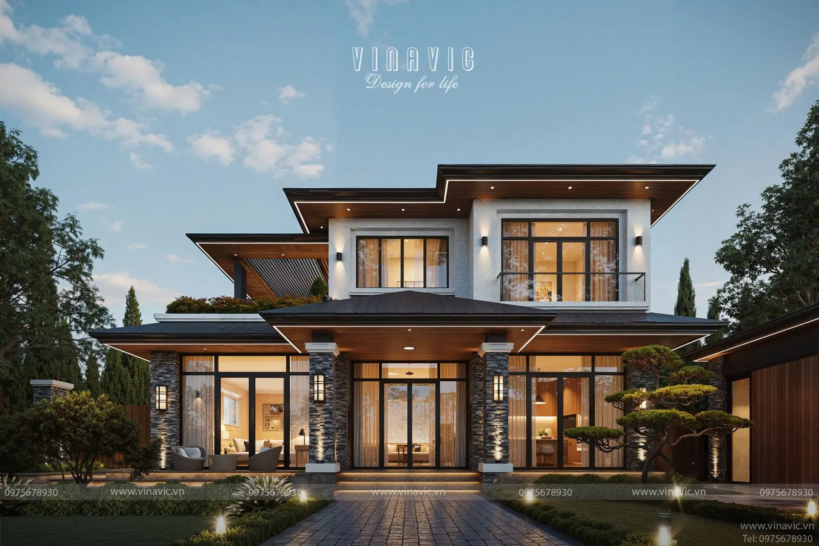 Mặt tiền chính ốp trần gỗ nhựa cho biệt thự 2 tầng mái Nhật hiện đại kích thước 13m x 15m tại Ba Vì thiết kế bởi Vinavic.