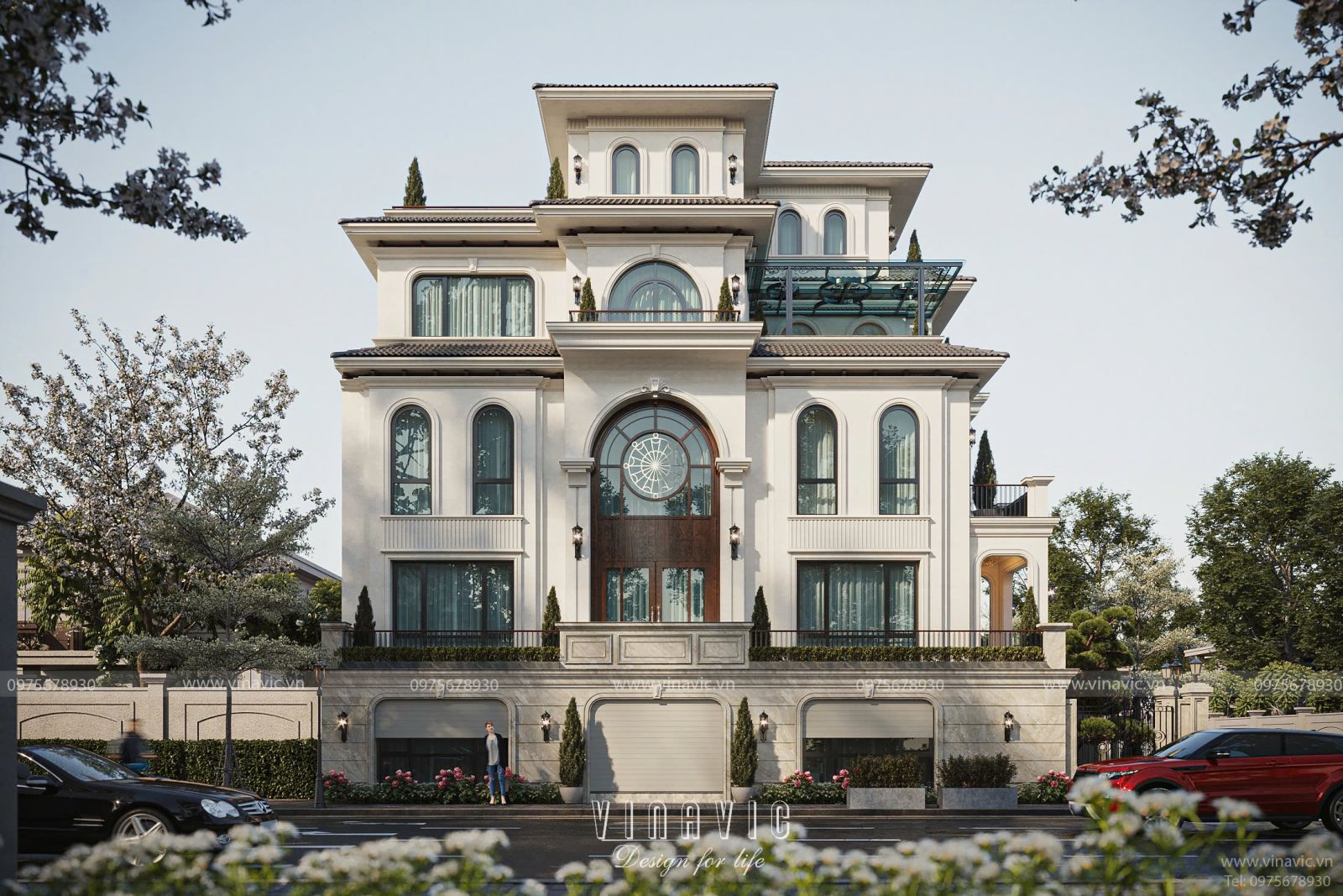 Mặt tiền chính biệt thự 5 tầng kiến trúc Tân Cổ Điển hệ mái Nhật bề thế BT2439 