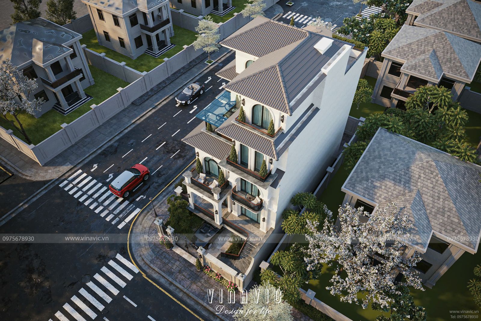 Góc phối cảnh biệt thự 5 tầng 2 mặt tiền phong cách Neo-Classic Tân Cổ Điển 2 mặt tiền 10x20m BT2439