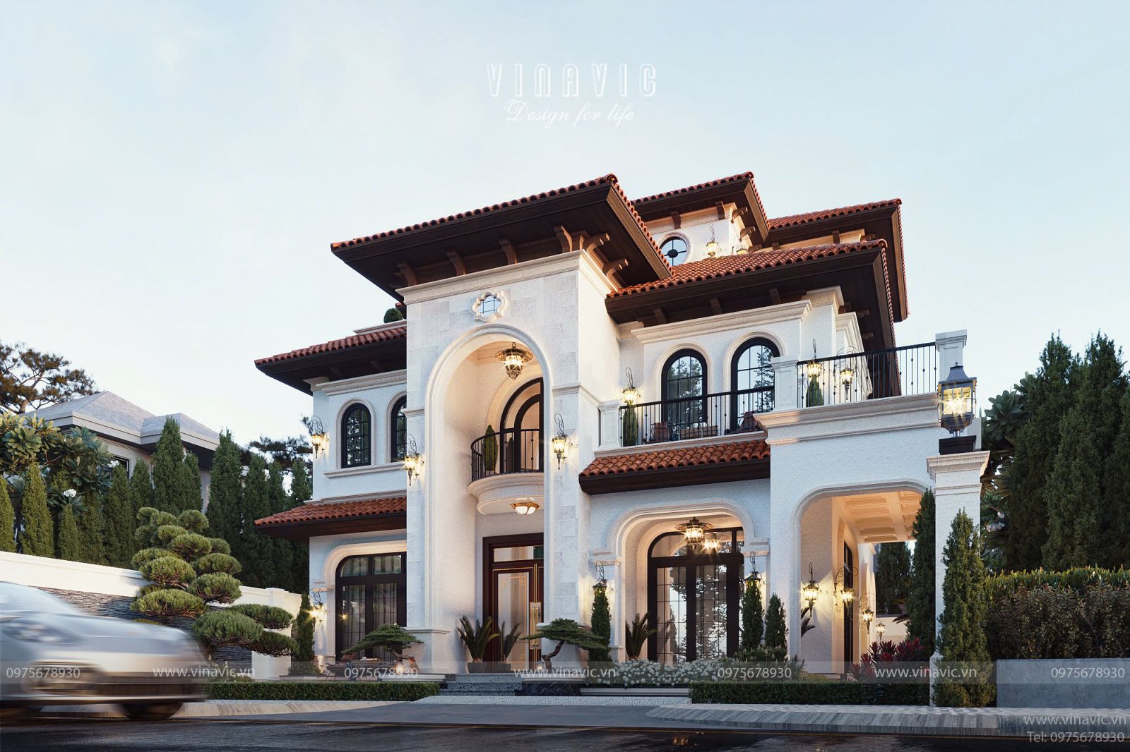 Phối cảnh góc nghiêng thiết kế biệt thự địa trung hải đẹp 2 tầng 1 tum 143m2 BT2440