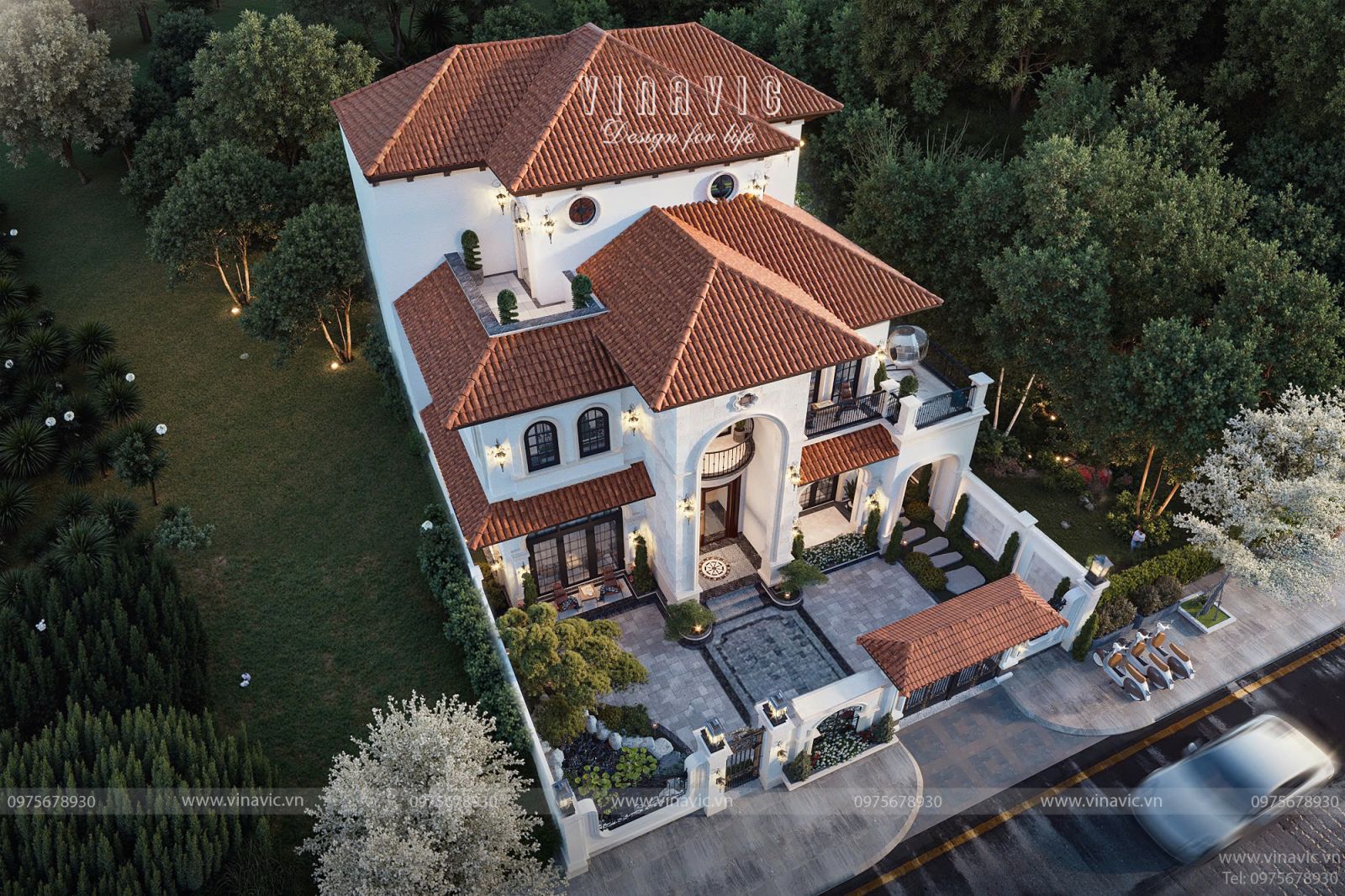 Góc nhìn tổng thể từ trên cao mẫu biệt thự 2 tầng 1 tum 143m2 phong cách địa trung hải với hệ mái ngói đỏ và sân vườn đẹp - BT2440