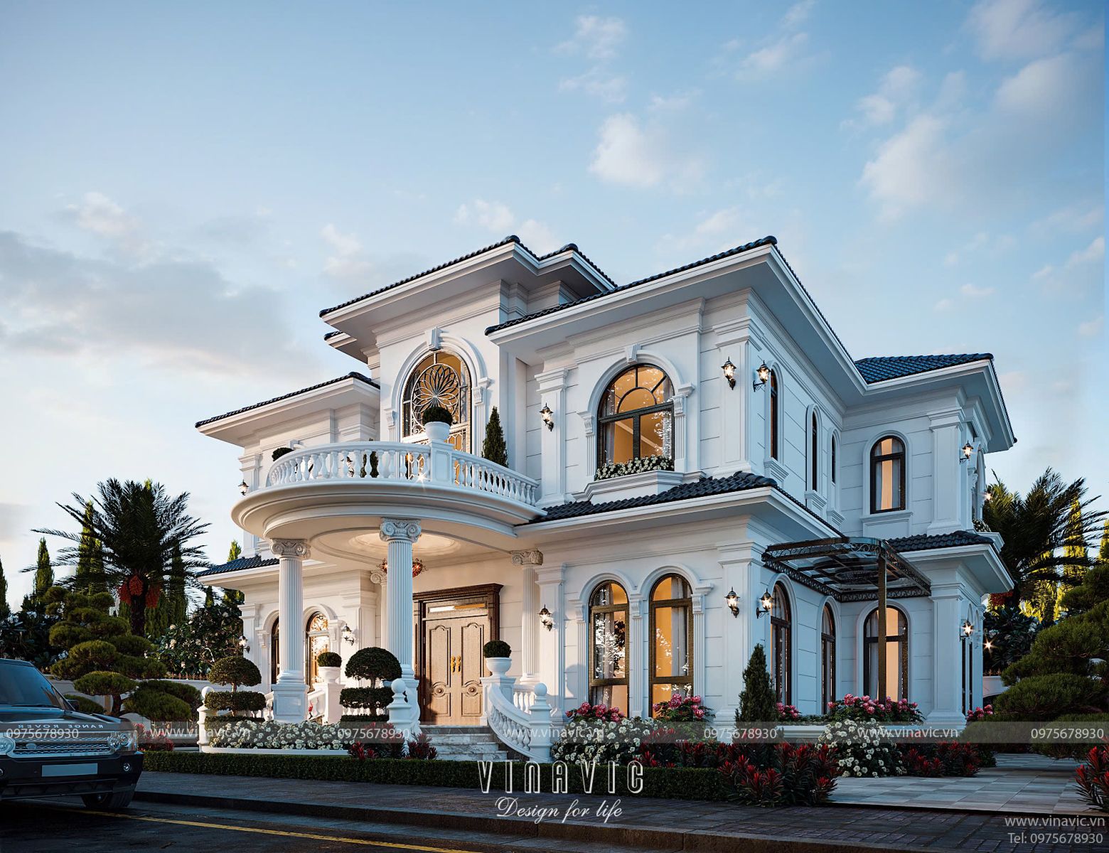 Chi tiết sảnh đón và hệ cột trụ tròn hoa văn tinh xảo biệt thự tân cổ điển BT2443