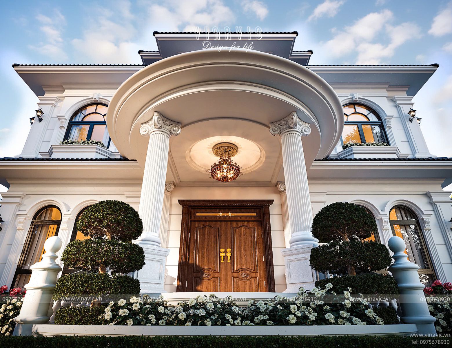 Vẻ đẹp ngoại thất Biệt thự tân cổ điển 2 tầng mặt tiền 17m x 11m 5 phòng ngủ BT2443