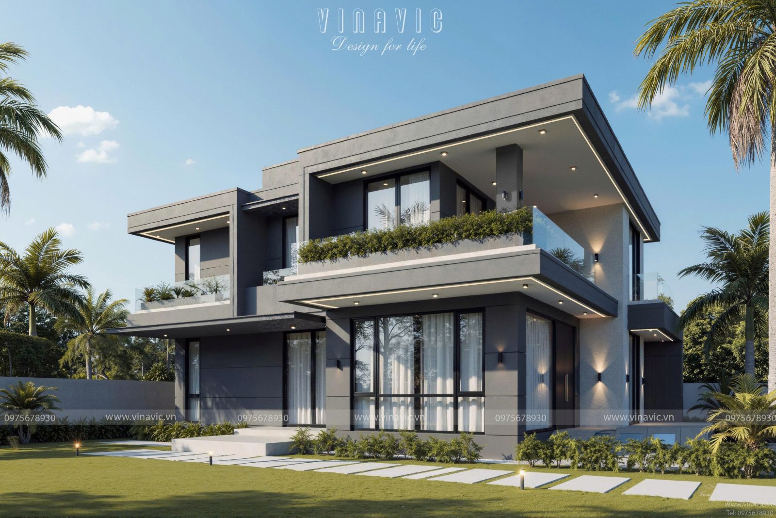 Góc nghiêng mẫu biệt thự 2 tầng hiện đại 3 phòng ngủ BT2445 sở hữu ban công rộng và không gian xanh thoáng mát.