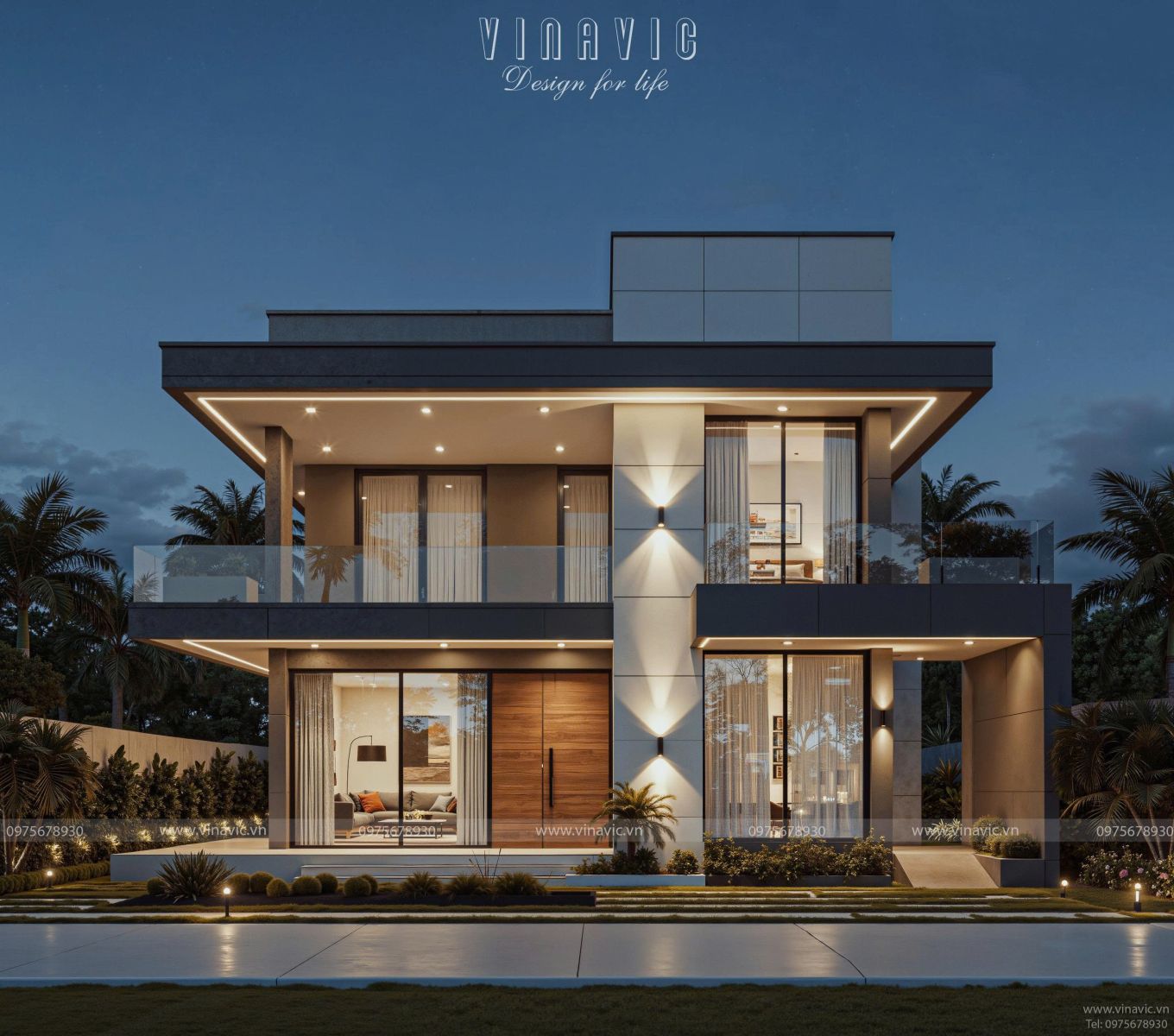 Phối cảnh đêm mặt tiền biệt thự mái bằng 2 tầng hiện đại BT2445 lung linh với hệ thống đèn LED nghệ thuật.