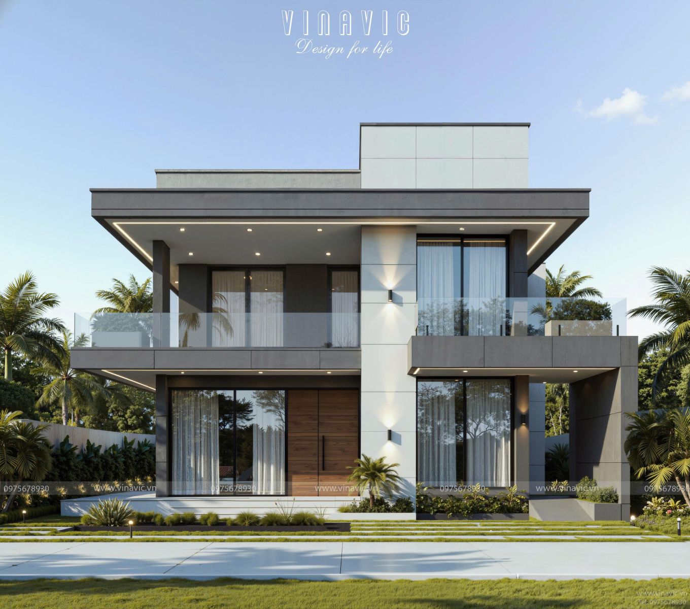 Tổng thể mặt tiền chính diện biệt thự mái bằng 2 tầng 11x14m BT2445 với kiến trúc hình khối phi đối xứng độc đáo tại Ninh Bình.