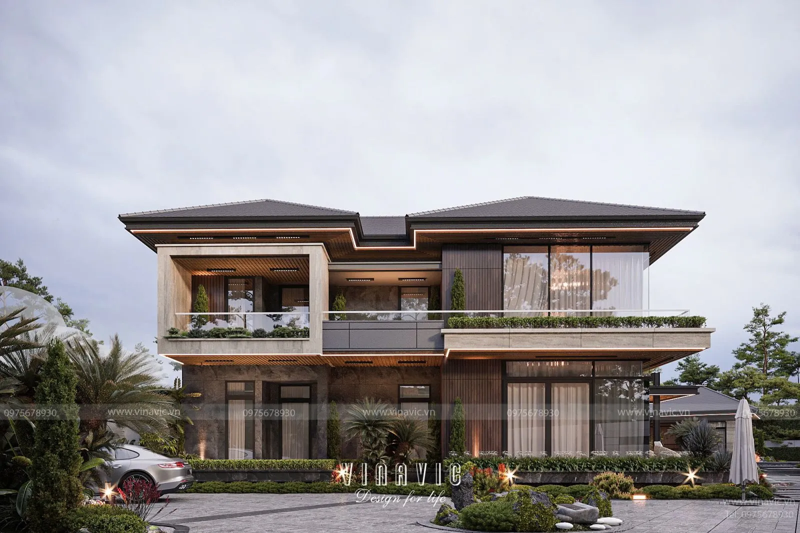 Góc phối cảnh trần nhựa ốp ngoài trời cho nhà phố 3 tầng hiện đại 25x60m BT2446