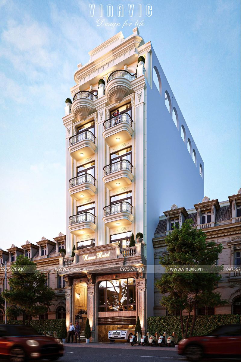 Phối cảnh góc phải thiết kế nhà nghỉ 5 tầng 1 tum - Chi tiết sảnh chính ốp đá và hệ phào chỉ tinh tế