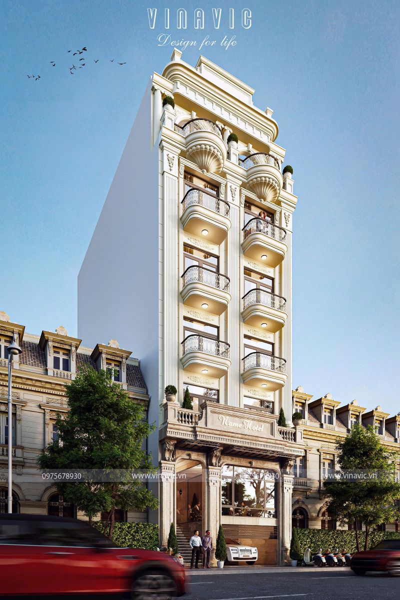 Góc nghiêng phối cảnh thiết kế nhà nghỉ 5 tầng 1 trệt 1 tum tân cổ điển NP2359