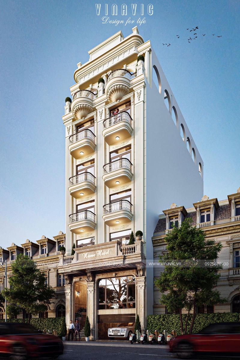 Bố trí mặt bằng công năng nhà nghỉ 5 tầng 1 trệt 1 tum tân cổ điển NP2359