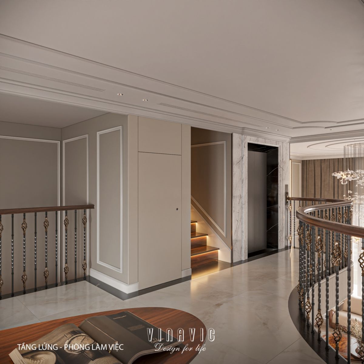 Thiết kế nội thất phòng làm việc nhà phố 4 tầng hiện đại có tầng lửng 6x12m NT2359