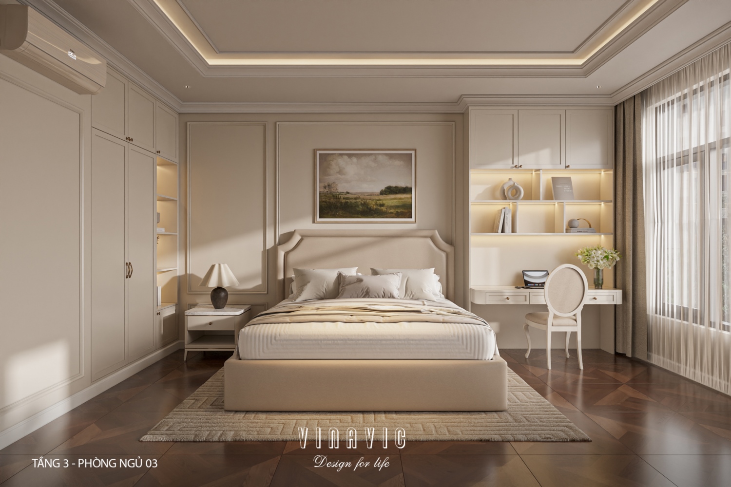 Thiết kế nội thất phòng ngủ tầng 3 nhà phố 4 tầng hiện đại có tầng lửng 6x12m NT2359