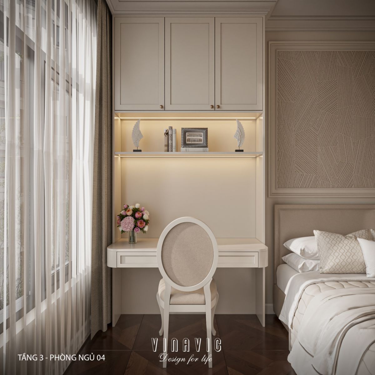 Thiết kế nội thất phòng ngủ tầng 3 nhà phố 4 tầng hiện đại có tầng lửng 6x12m NT2359