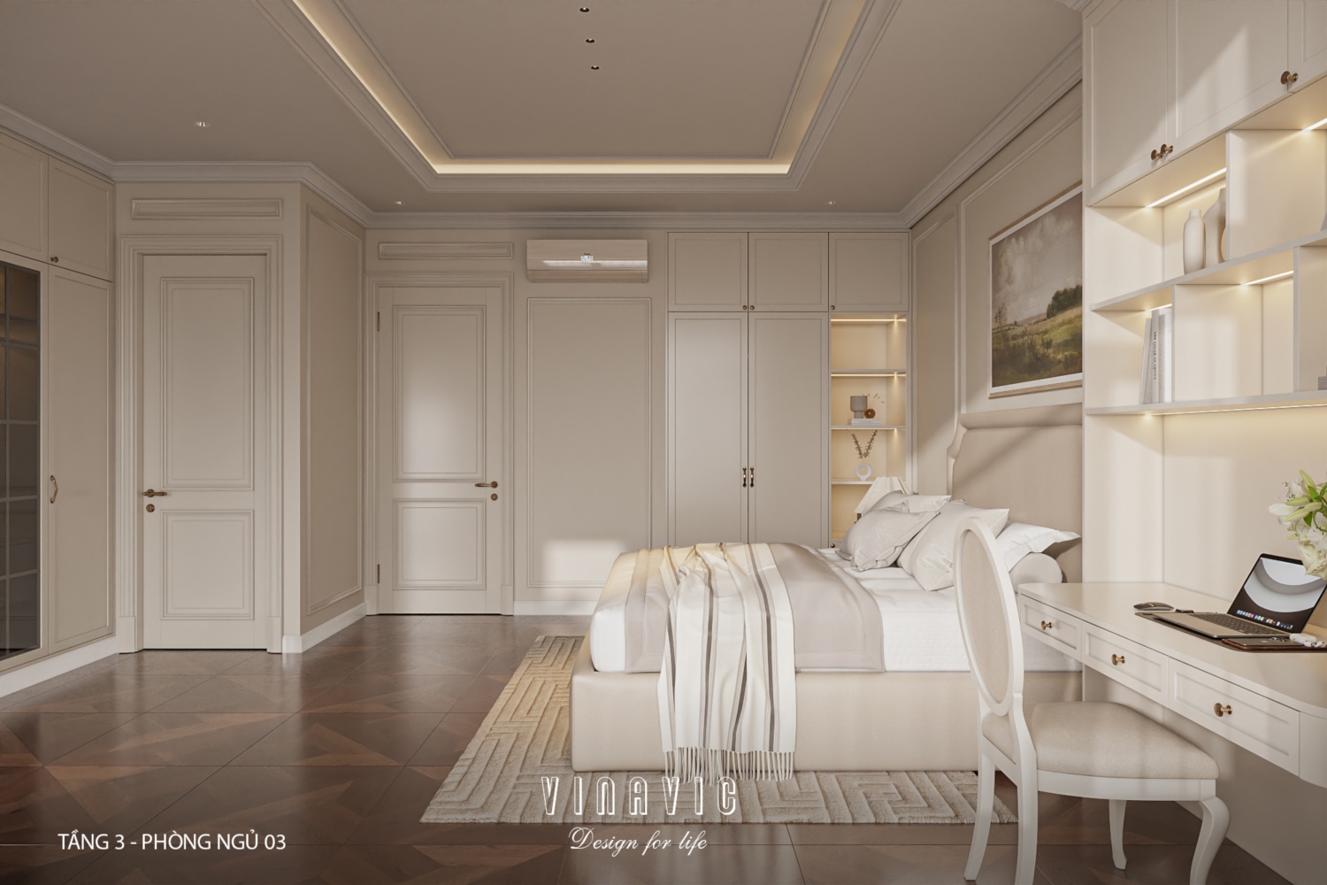 Thiết kế nội thất phòng ngủ tầng 3 nhà phố 4 tầng hiện đại có tầng lửng 6x12m NT2359