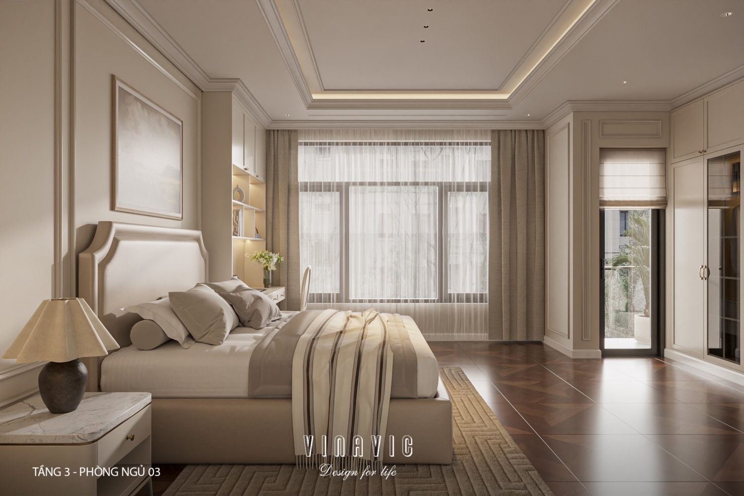 Thiết kế nội thất phòng ngủ tầng 3 nhà phố 4 tầng hiện đại có tầng lửng 6x12m NT2359