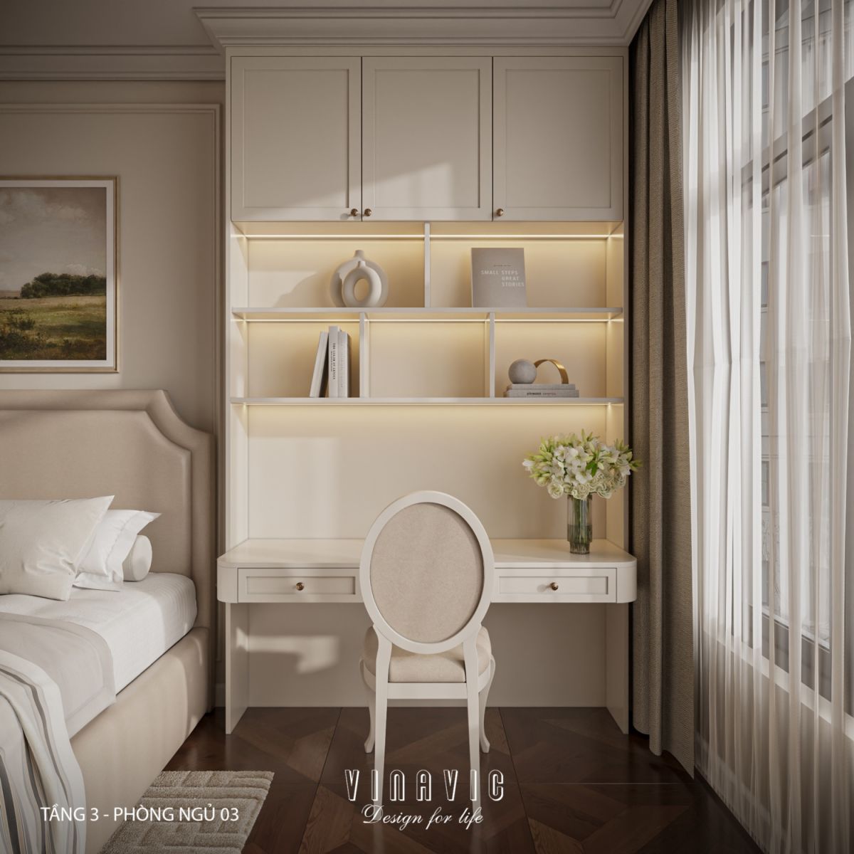 Thiết kế nội thất phòng ngủ tầng 3 nhà phố 4 tầng hiện đại có tầng lửng 6x12m NT2359