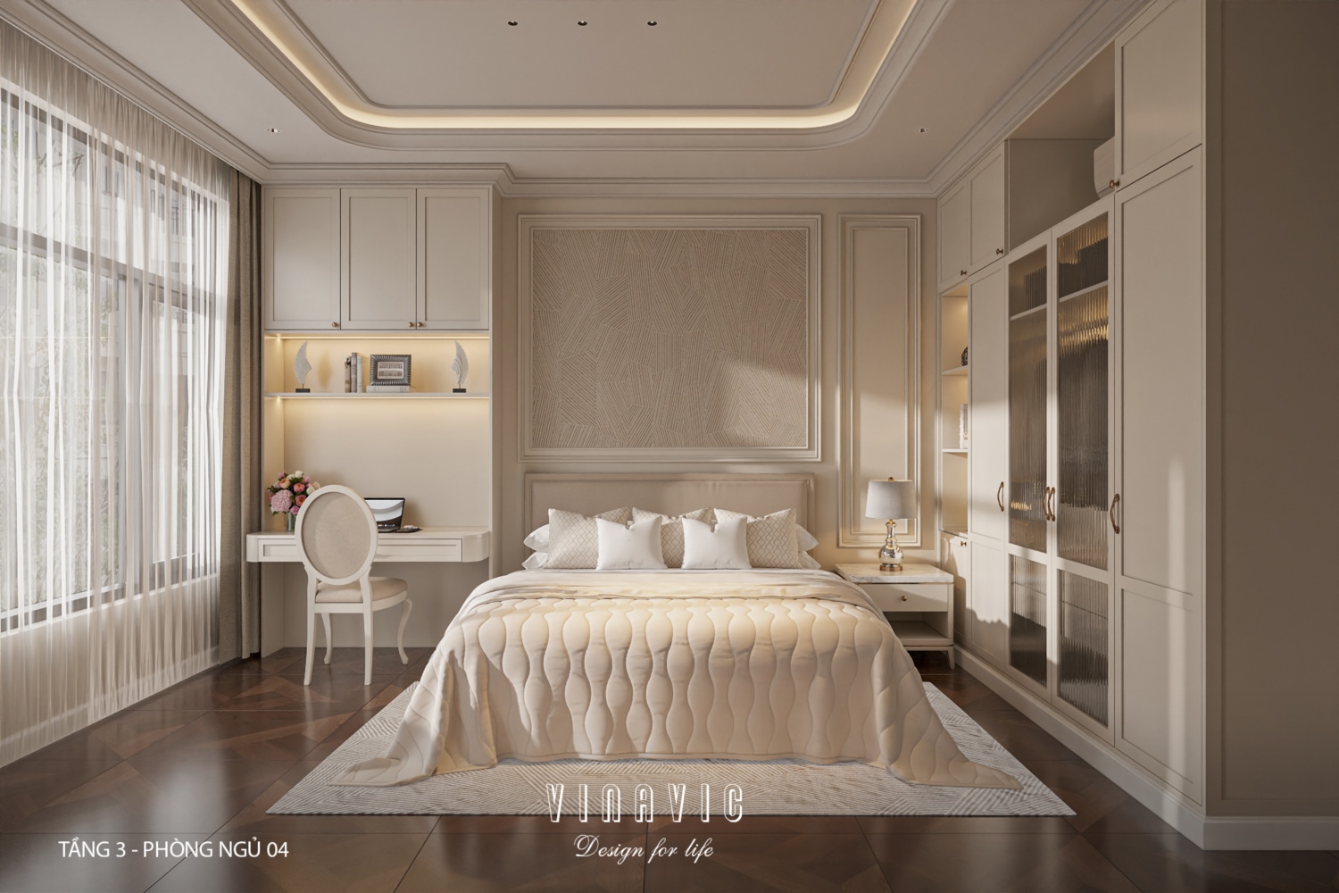 Thiết kế nội thất phòng ngủ tầng 3 nhà phố 4 tầng hiện đại có tầng lửng 6x12m NT2359