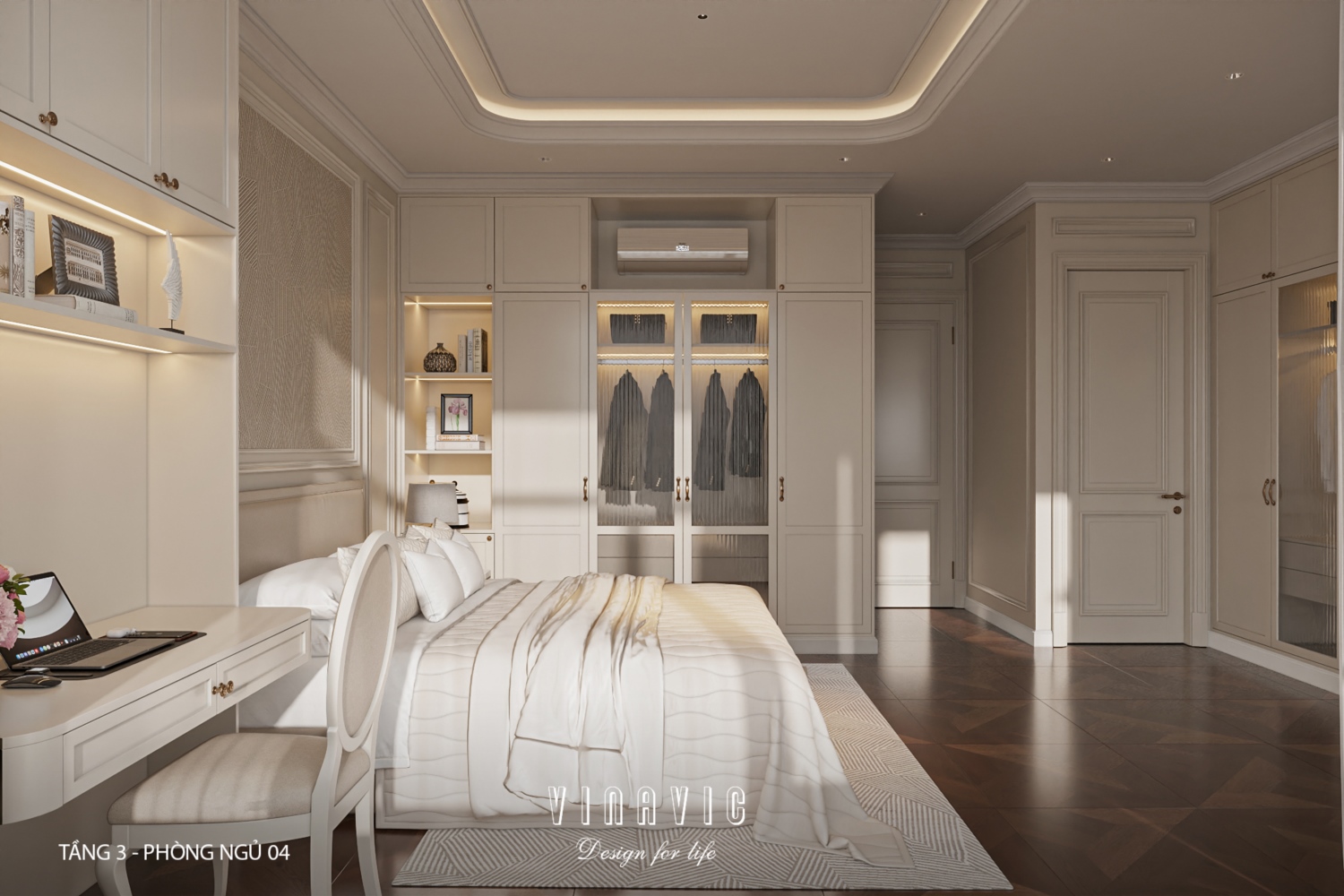 Thiết kế nội thất phòng ngủ tầng 3 nhà phố 4 tầng hiện đại có tầng lửng 6x12m NT2359