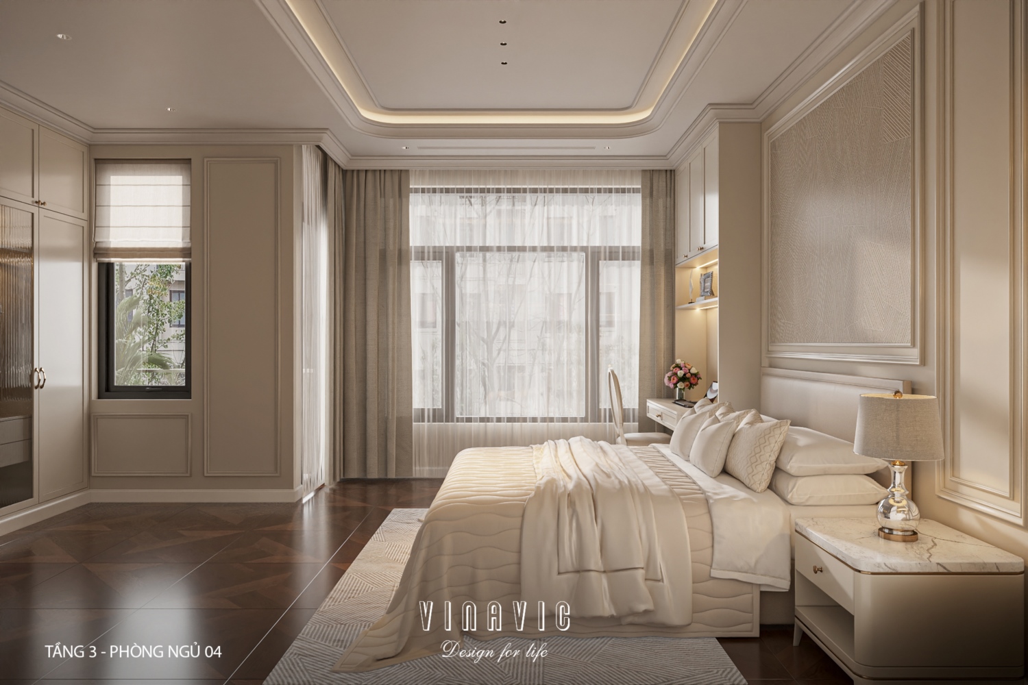 Thiết kế nội thất phòng ngủ tầng 3 nhà phố 4 tầng hiện đại có tầng lửng 6x12m NT2359