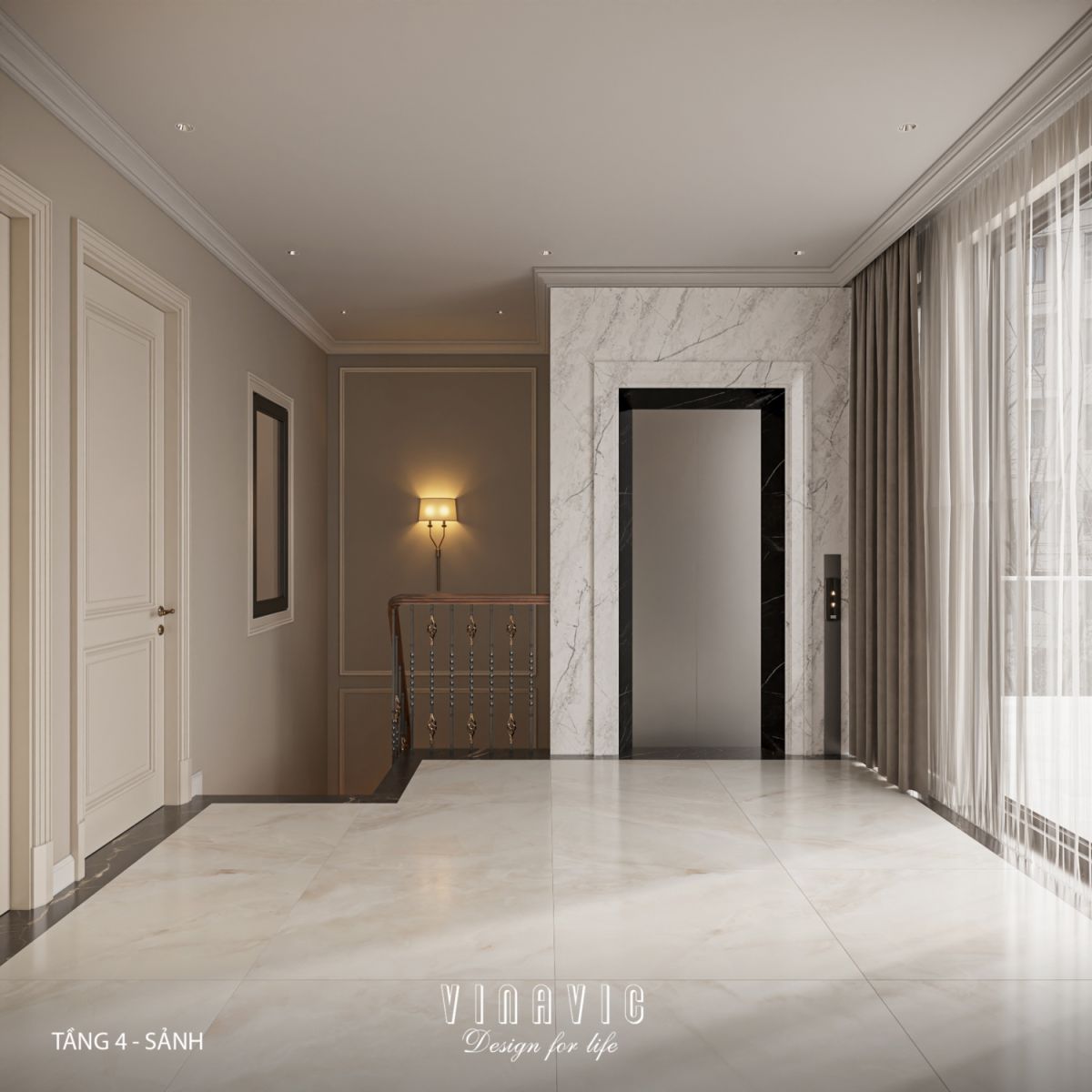 Thiết kế nội thất sảnh nhà phố 4 tầng hiện đại có tầng lửng 6x12m NT2359