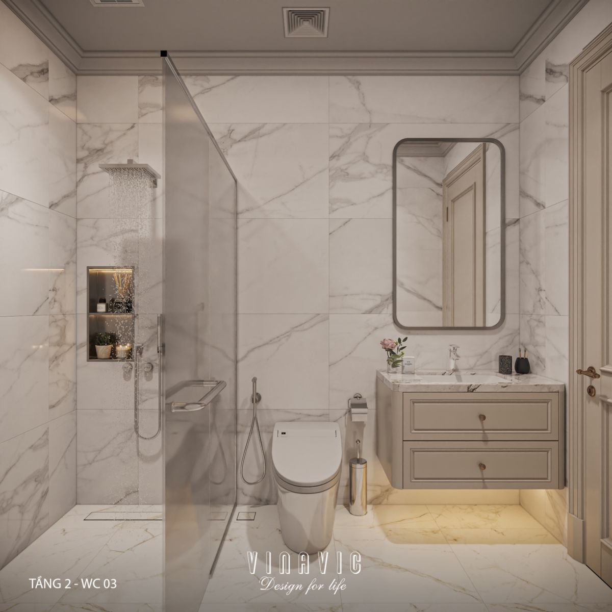 Thiết kế nhà vệ sinh nhà phố hiện đại có tầng lửng 6x12m NT2359