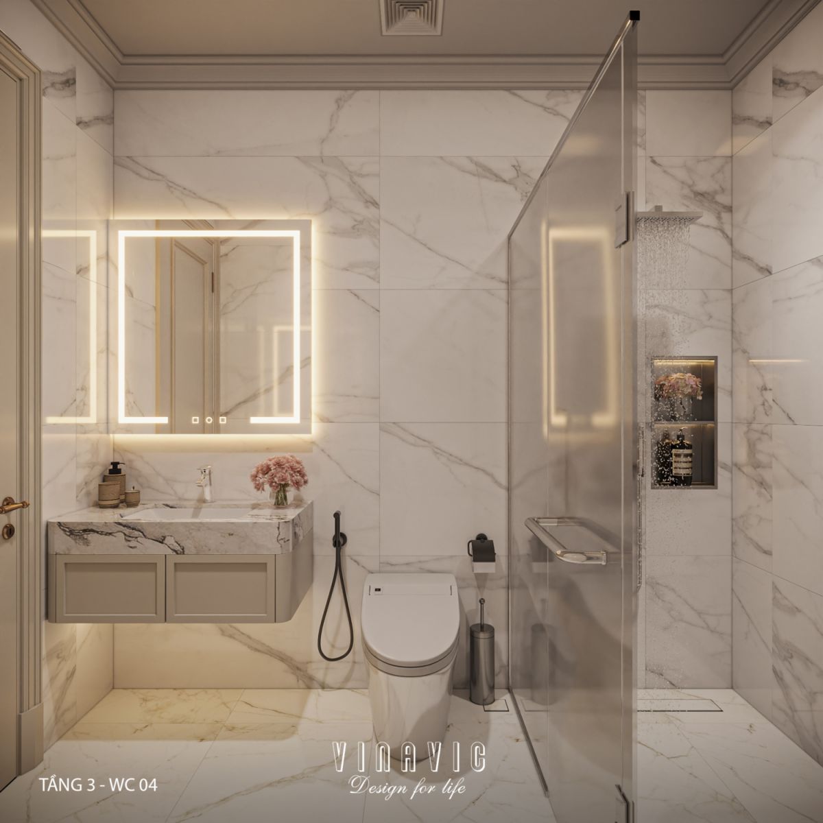 Thiết kế nhà vệ sinh nhà phố hiện đại có tầng lửng 6x12m NT2359