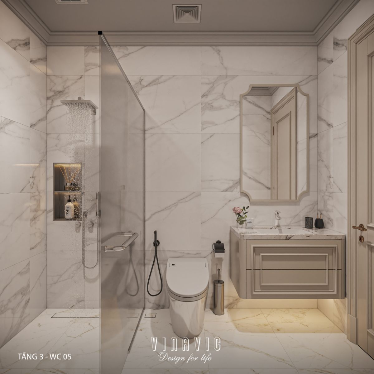 Thiết kế nhà vệ sinh nhà phố hiện đại có tầng lửng 6x12m NT2359