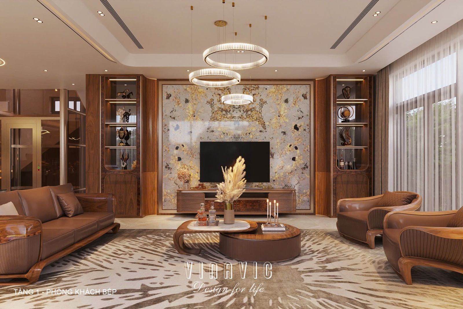 Phối cảnh nội thất phòng khách bếp biệt thự 3 tầng hiện đại NT2360