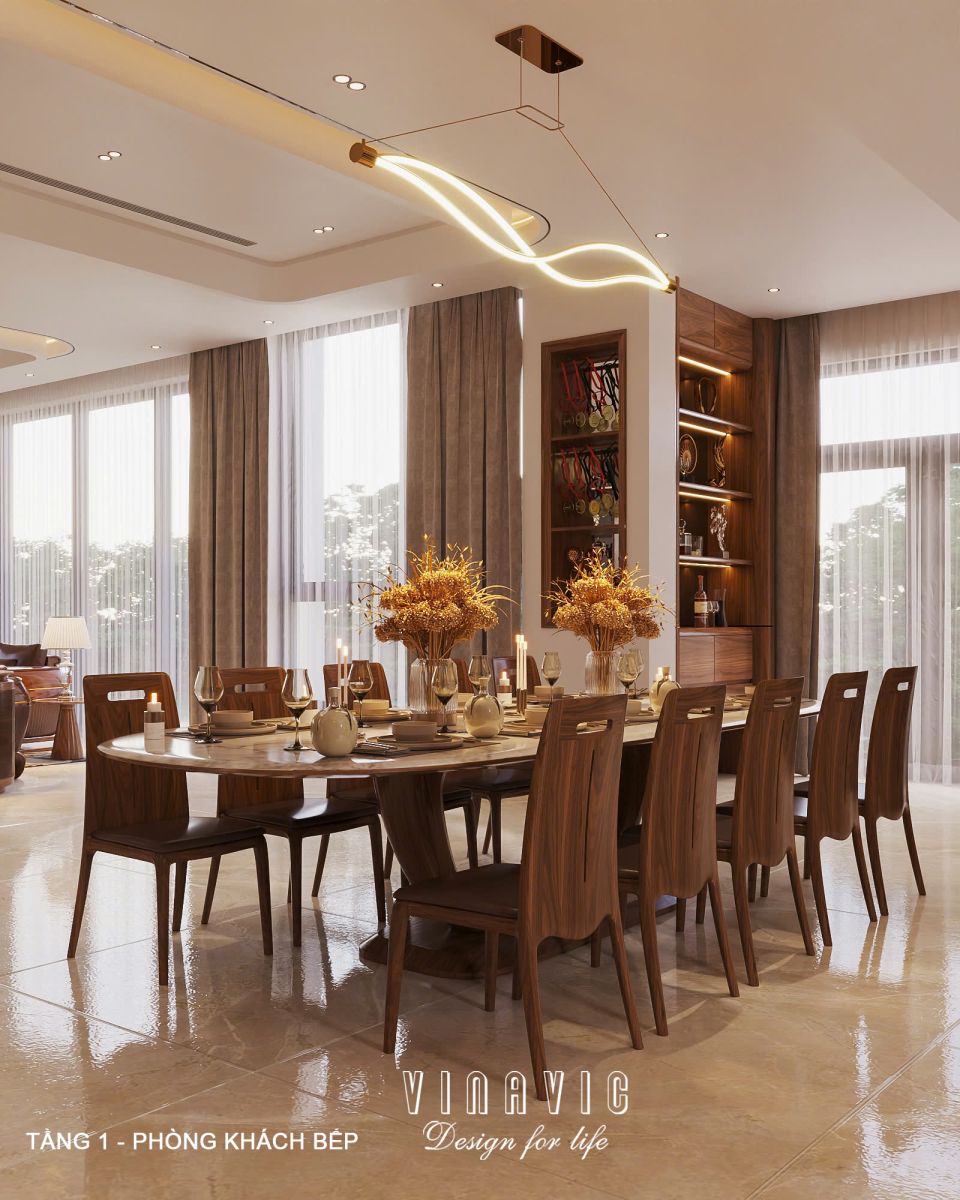 Phối cảnh nội thất phòng khách bếp biệt thự 3 tầng hiện đại NT2360