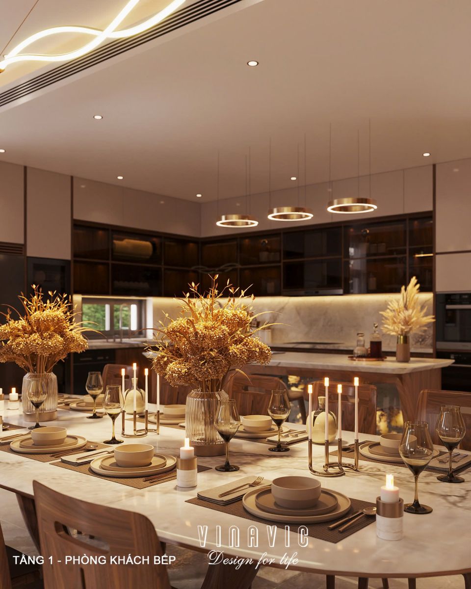 Phối cảnh nội thất phòng khách bếp biệt thự 3 tầng hiện đại NT2360