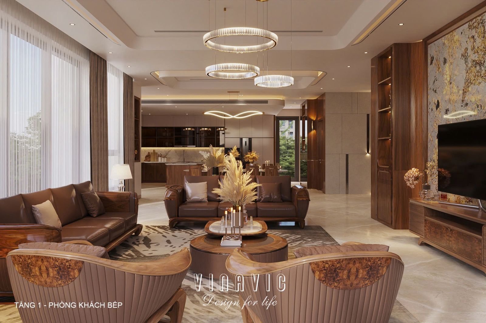 Phối cảnh nội thất phòng khách bếp biệt thự 3 tầng hiện đại NT2360