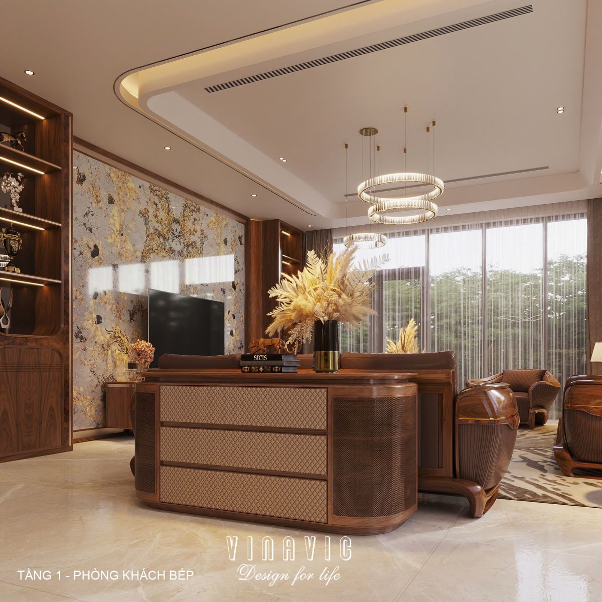 Phối cảnh nội thất phòng khách bếp biệt thự 3 tầng hiện đại NT2360