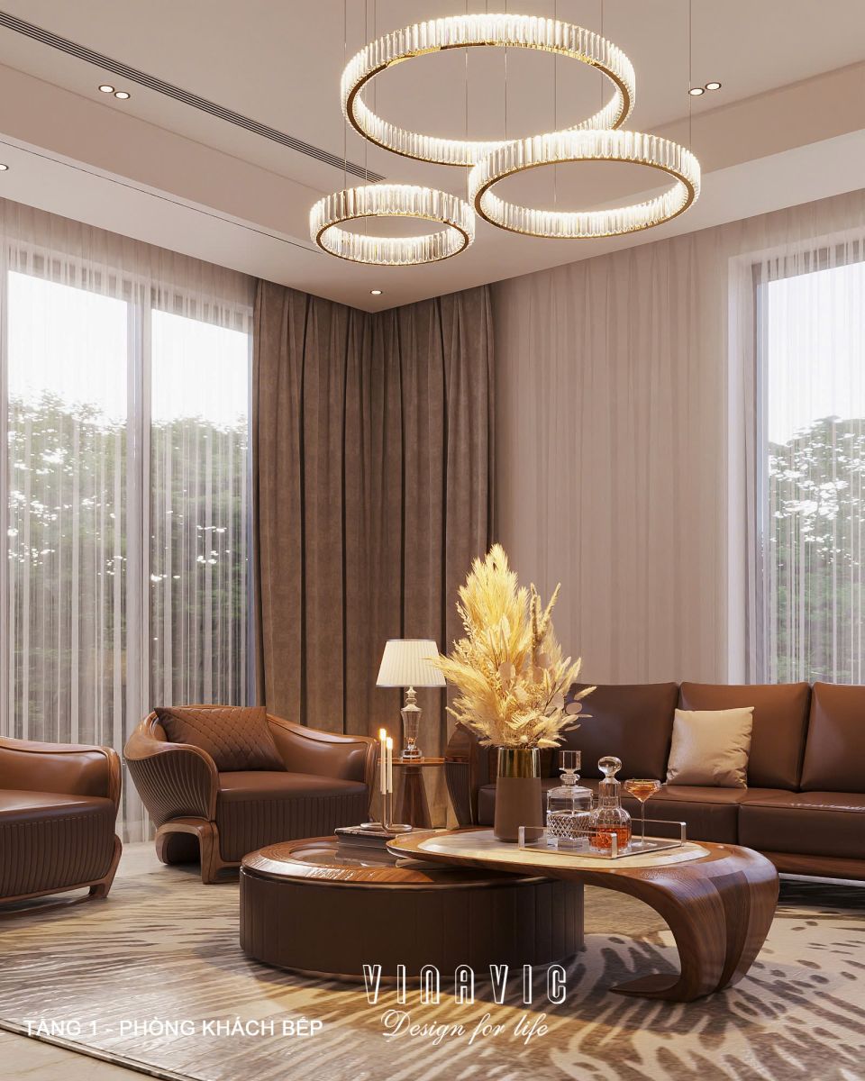 Phối cảnh nội thất phòng khách bếp biệt thự 3 tầng hiện đại NT2360