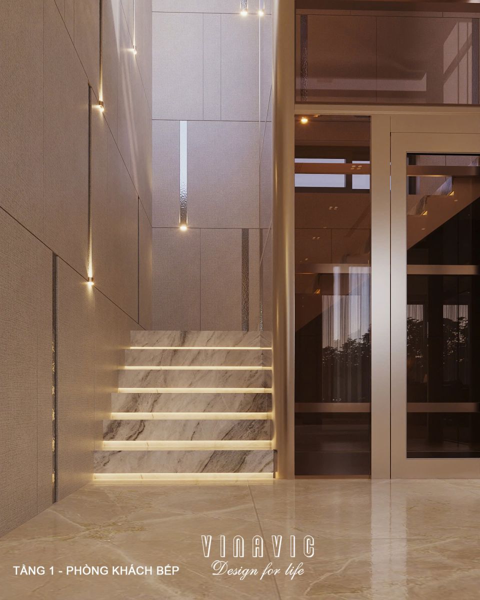 Phối cảnh nội thất phòng khách bếp biệt thự 3 tầng hiện đại NT2360