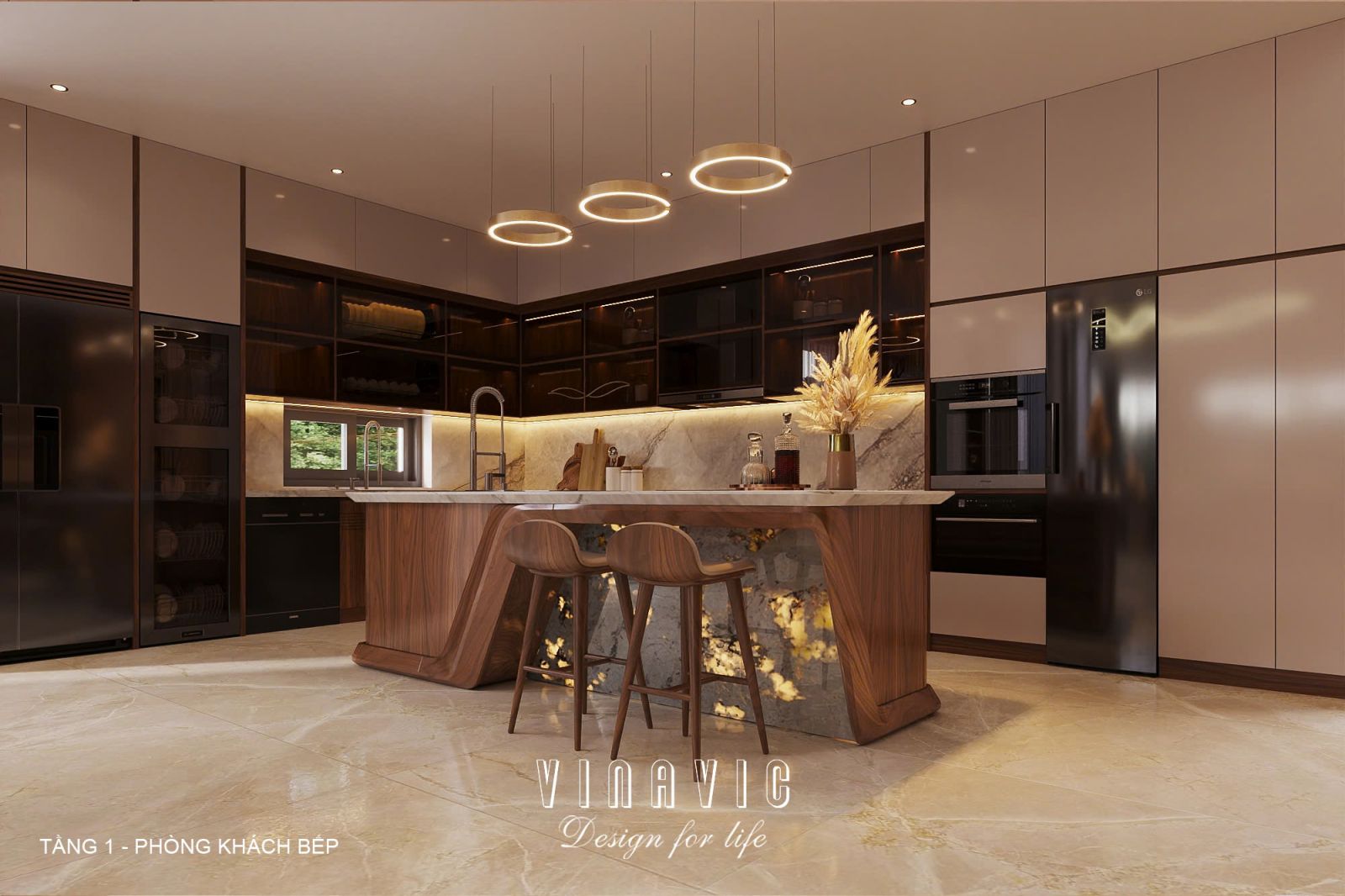 Phối cảnh nội thất phòng khách bếp biệt thự 3 tầng hiện đại NT2360