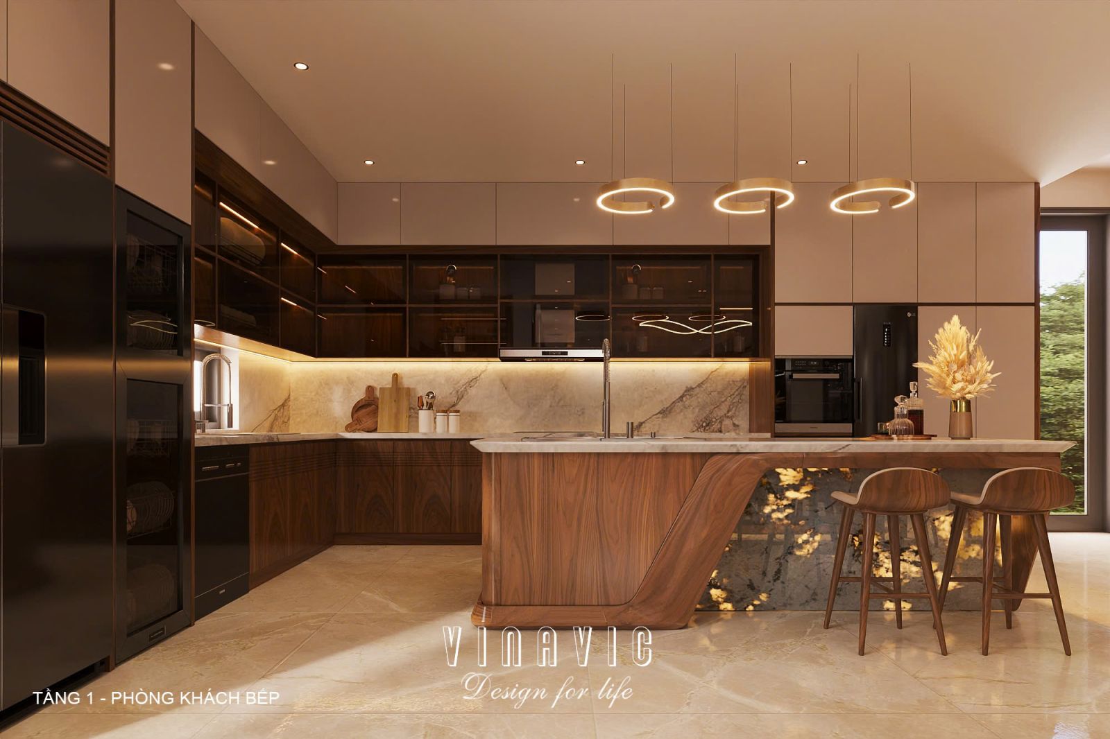 Phối cảnh nội thất phòng khách bếp biệt thự 3 tầng hiện đại NT2360